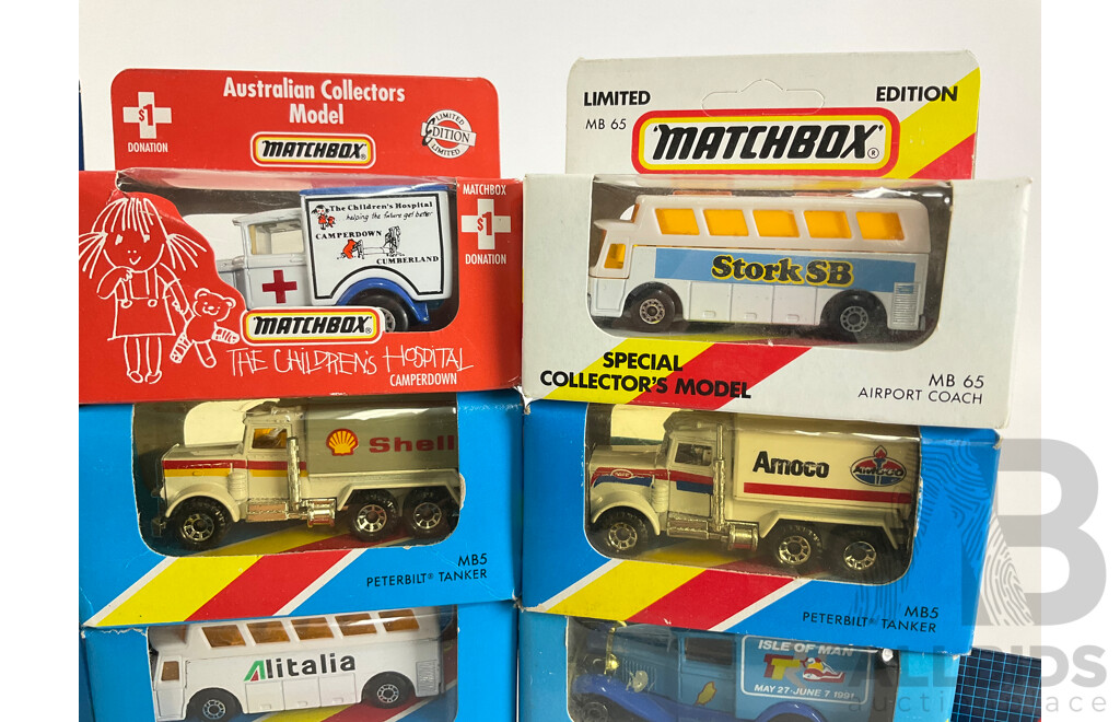 Fourteen Matchbox Australian Collectors Models/Special Collector's Models Including Isle of Man, Amoco Pepsi Cola The Australian Trucks, Stork SB, City Line Tourist, Voyager, Alitlia Around London Tour Bus Buses,