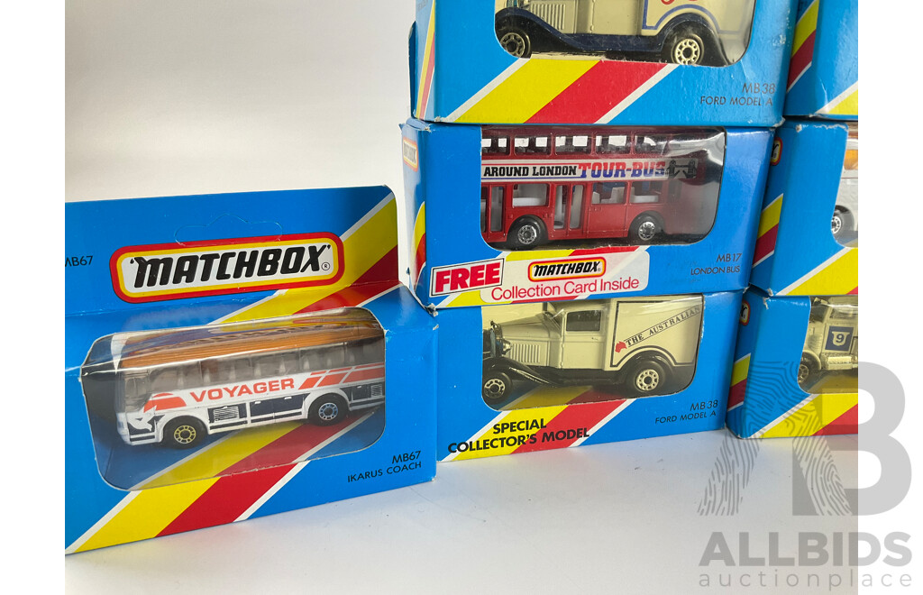 Fourteen Matchbox Australian Collectors Models/Special Collector's Models Including Isle of Man, Amoco Pepsi Cola The Australian Trucks, Stork SB, City Line Tourist, Voyager, Alitlia Around London Tour Bus Buses,
