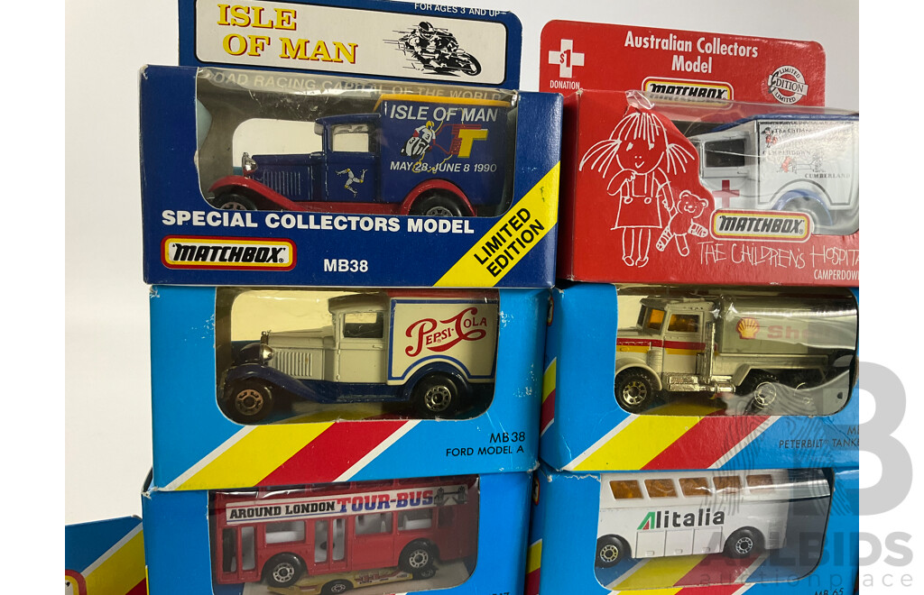 Fourteen Matchbox Australian Collectors Models/Special Collector's Models Including Isle of Man, Amoco Pepsi Cola The Australian Trucks, Stork SB, City Line Tourist, Voyager, Alitlia Around London Tour Bus Buses,