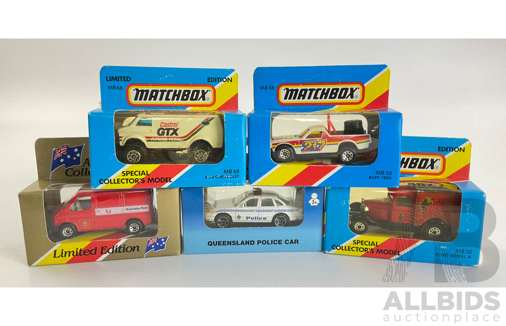 Five Matchbox Special Collector's Models Including Ruff Trek Holden Utility, 4x4 Chevrolet Castrol GTX, Ford Transit Australia Post, Ford Arnotts Truck, Queensland Police Car