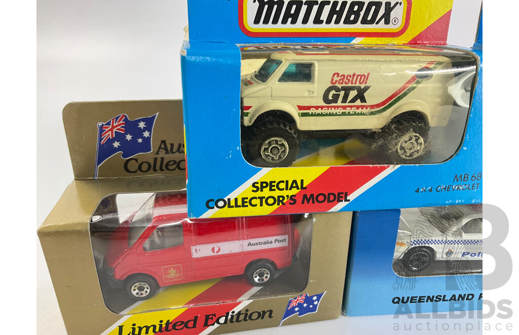 Five Matchbox Special Collector's Models Including Ruff Trek Holden Utility, 4x4 Chevrolet Castrol GTX, Ford Transit Australia Post, Ford Arnotts Truck, Queensland Police Car