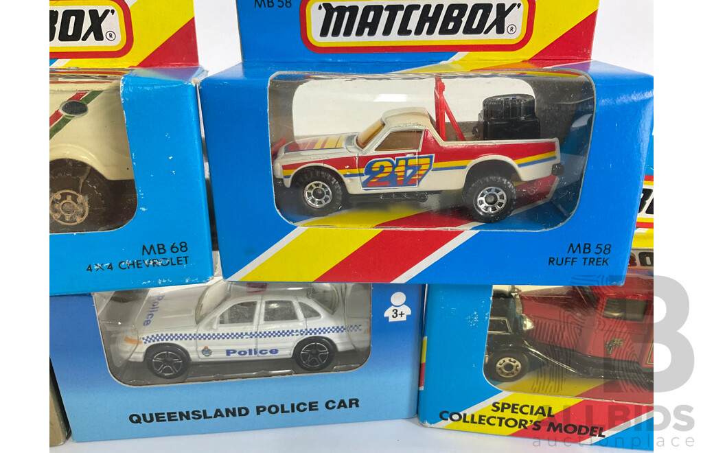 Five Matchbox Special Collector's Models Including Ruff Trek Holden Utility, 4x4 Chevrolet Castrol GTX, Ford Transit Australia Post, Ford Arnotts Truck, Queensland Police Car