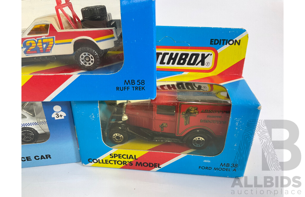 Five Matchbox Special Collector's Models Including Ruff Trek Holden Utility, 4x4 Chevrolet Castrol GTX, Ford Transit Australia Post, Ford Arnotts Truck, Queensland Police Car