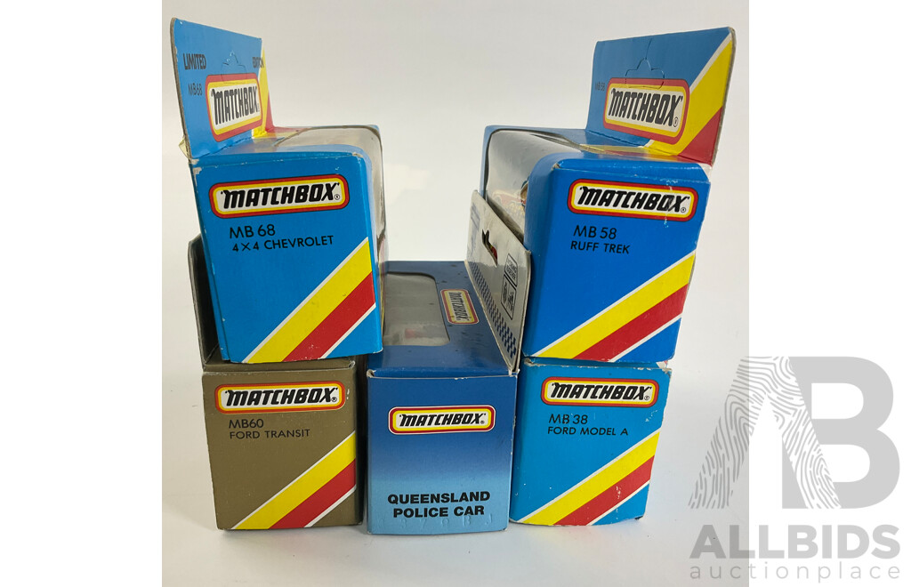 Five Matchbox Special Collector's Models Including Ruff Trek Holden Utility, 4x4 Chevrolet Castrol GTX, Ford Transit Australia Post, Ford Arnotts Truck, Queensland Police Car