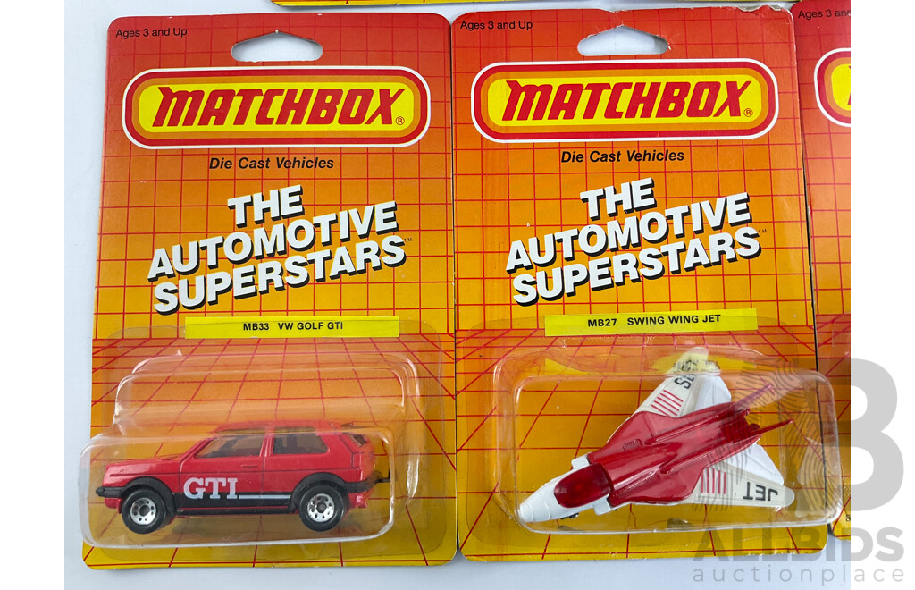 1980's Matchbox 'The Automotive Superstars' Collection Including 1962 Corvette, VW Golf, Airport Coach, Chevrolet Corvette, Chevy Pro Stocker, Swing Wing Jet