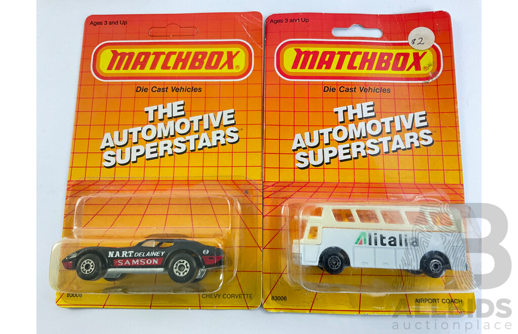 1980's Matchbox 'The Automotive Superstars' Collection Including 1962 Corvette, VW Golf, Airport Coach, Chevrolet Corvette, Chevy Pro Stocker, Swing Wing Jet