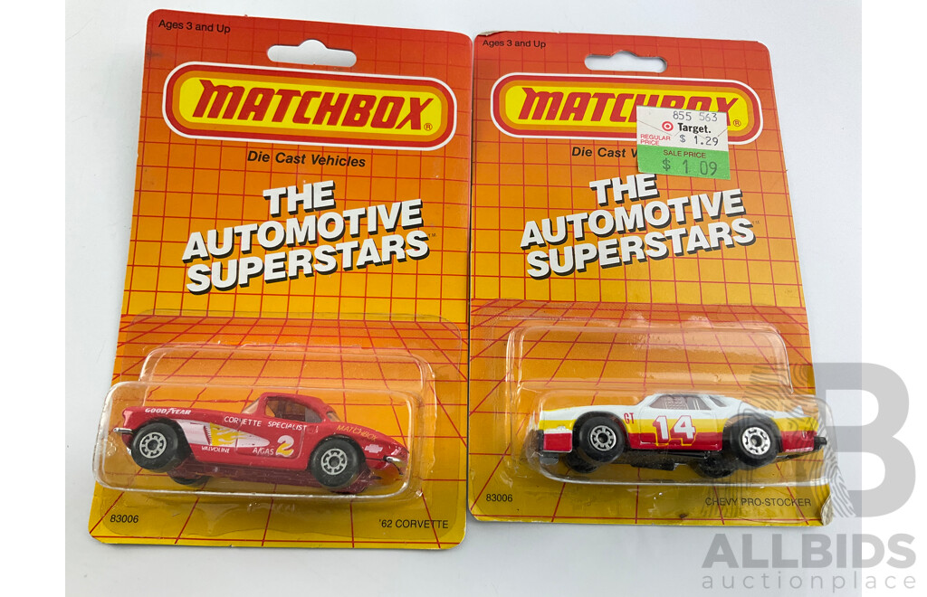 1980's Matchbox 'The Automotive Superstars' Collection Including 1962 Corvette, VW Golf, Airport Coach, Chevrolet Corvette, Chevy Pro Stocker, Swing Wing Jet