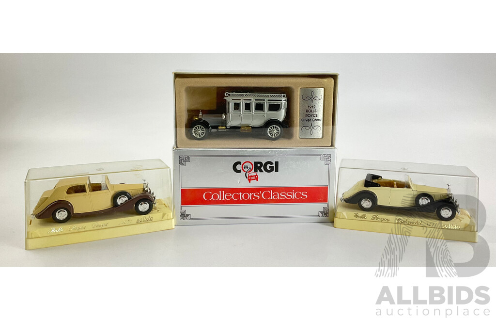 Vintage Diecast Corgi 1912 Rolls Royce Silver Ghost, Solido Rolls Royce Coupe and Cabriolet