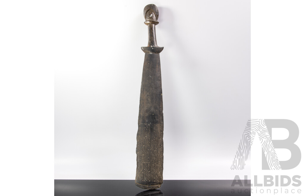 Antique Hand Carved Trobriand Island Massim People Hardwood Ebony Flat Club with Incised Decoration to Terminals