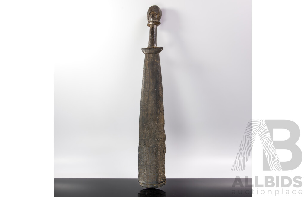 Antique Hand Carved Trobriand Island Massim People Hardwood Ebony Flat Club with Incised Decoration to Terminals
