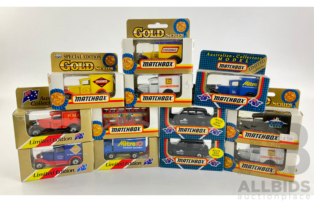 Twelve Vintage Matchbox Australian Collectors Models and Gold Series Including London Taxis and Bus, Promotional Trucks, Vegemite, Mitre 10, Big Ben, Chesdale, City Ford