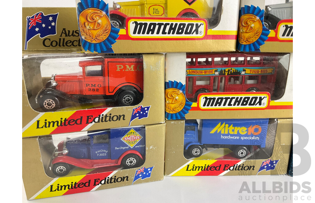 Twelve Vintage Matchbox Australian Collectors Models and Gold Series Including London Taxis and Bus, Promotional Trucks, Vegemite, Mitre 10, Big Ben, Chesdale, City Ford