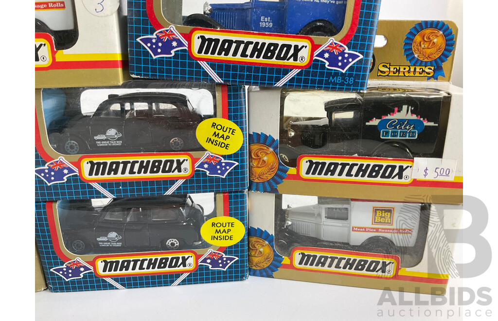 Twelve Vintage Matchbox Australian Collectors Models and Gold Series Including London Taxis and Bus, Promotional Trucks, Vegemite, Mitre 10, Big Ben, Chesdale, City Ford