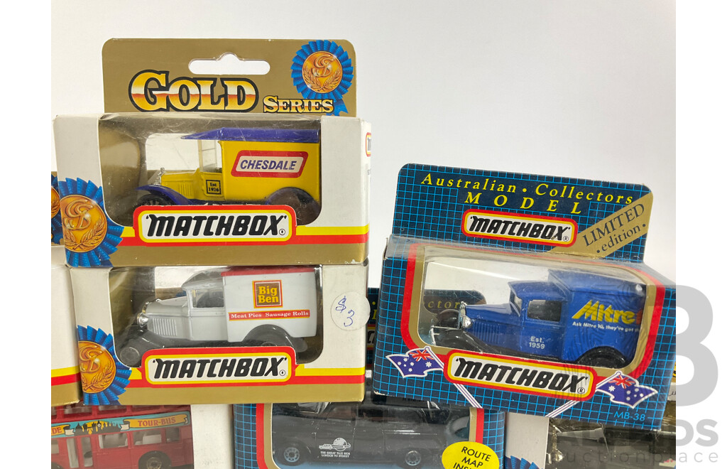 Twelve Vintage Matchbox Australian Collectors Models and Gold Series Including London Taxis and Bus, Promotional Trucks, Vegemite, Mitre 10, Big Ben, Chesdale, City Ford