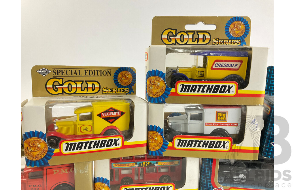 Twelve Vintage Matchbox Australian Collectors Models and Gold Series Including London Taxis and Bus, Promotional Trucks, Vegemite, Mitre 10, Big Ben, Chesdale, City Ford