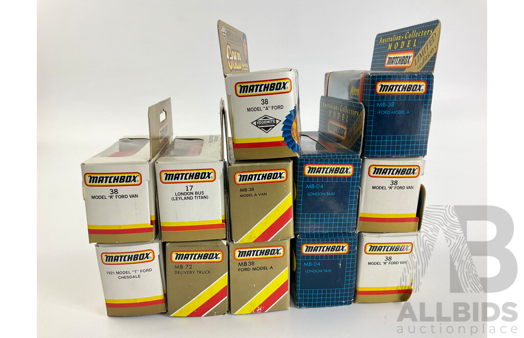 Twelve Vintage Matchbox Australian Collectors Models and Gold Series Including London Taxis and Bus, Promotional Trucks, Vegemite, Mitre 10, Big Ben, Chesdale, City Ford