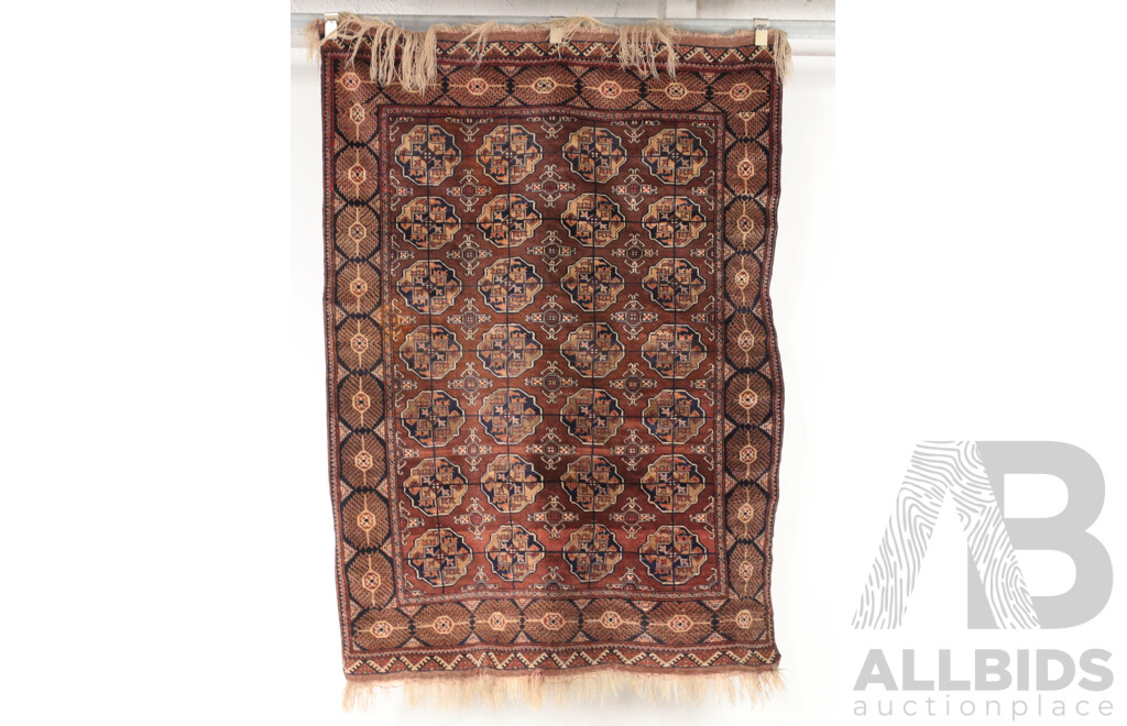 Antique Hand Woven Persian Turkoman Wool Rug with Traditional Gul Design