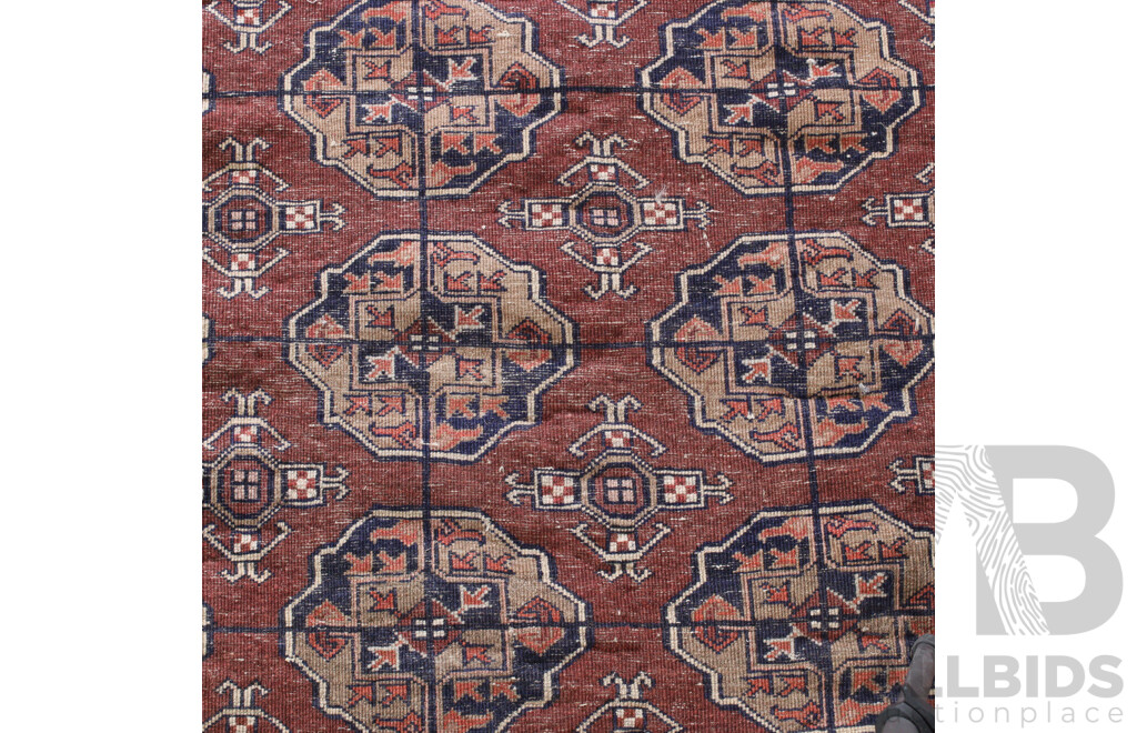 Antique Hand Woven Persian Turkoman Wool Rug with Traditional Gul Design