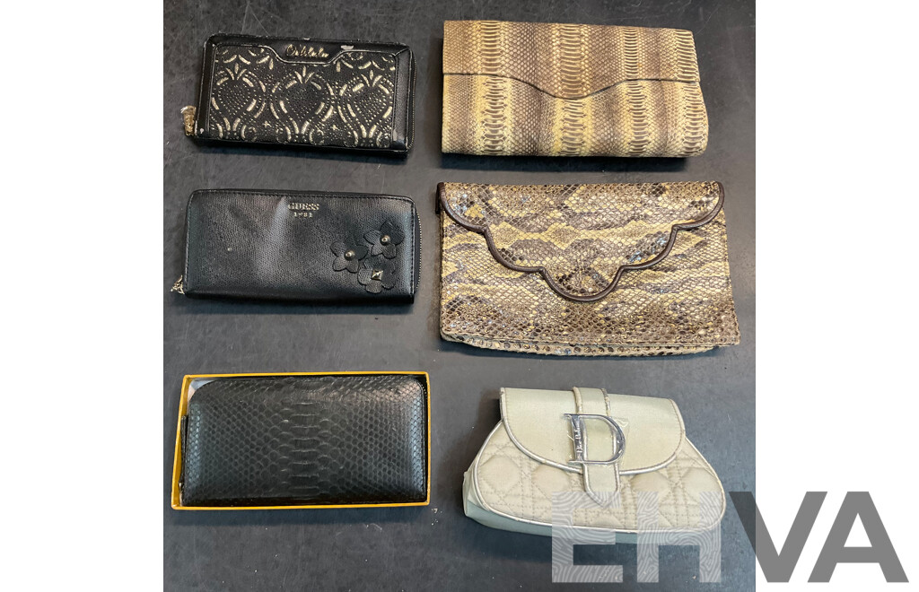 2x Snakeskin Purse & Dior Makeup Bag & Assorted Wallets - Lot of 6