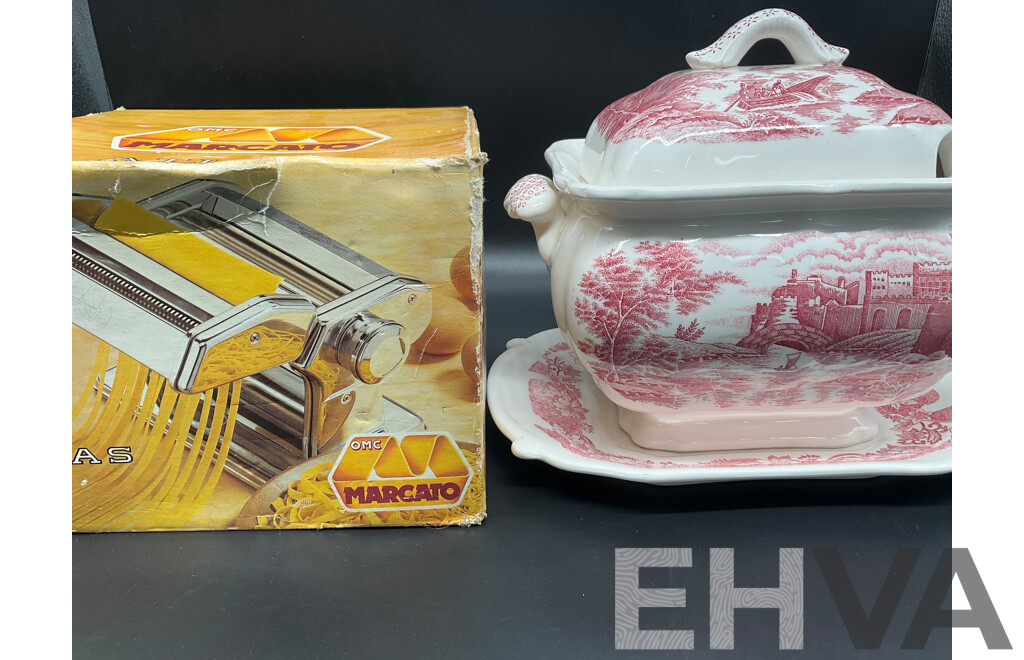 Pink Transferware Soup Tureen with Lid Laddle and Underplate, MARCATO Atlas 150 Pasta Machine - Lot of 2
