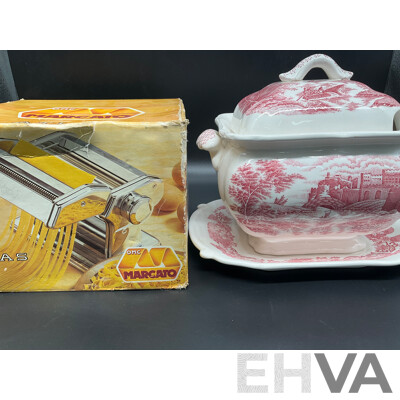 Pink Transferware Soup Tureen with Lid Laddle and Underplate, MARCATO Atlas 150 Pasta Machine - Lot of 2