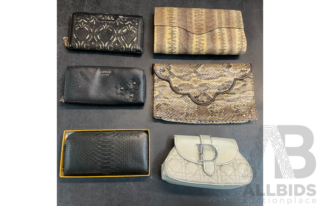2x Snakeskin Purse & Dior Makeup Bag & Assorted Wallets - Lot of 6