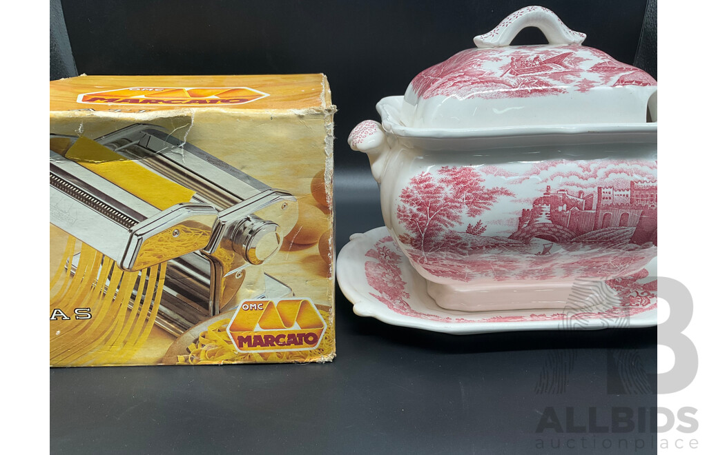 Pink Transferware Soup Tureen with Lid Laddle and Underplate, MARCATO Atlas 150 Pasta Machine - Lot of 2
