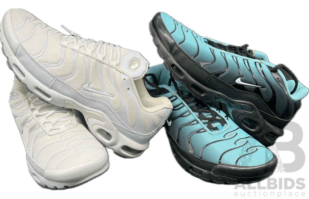 Air Max Plus Light Retro Aqua Fade Sneakers, Air Max Plus White Mens Sneakers - Both Branded NIKE - Lot of 2