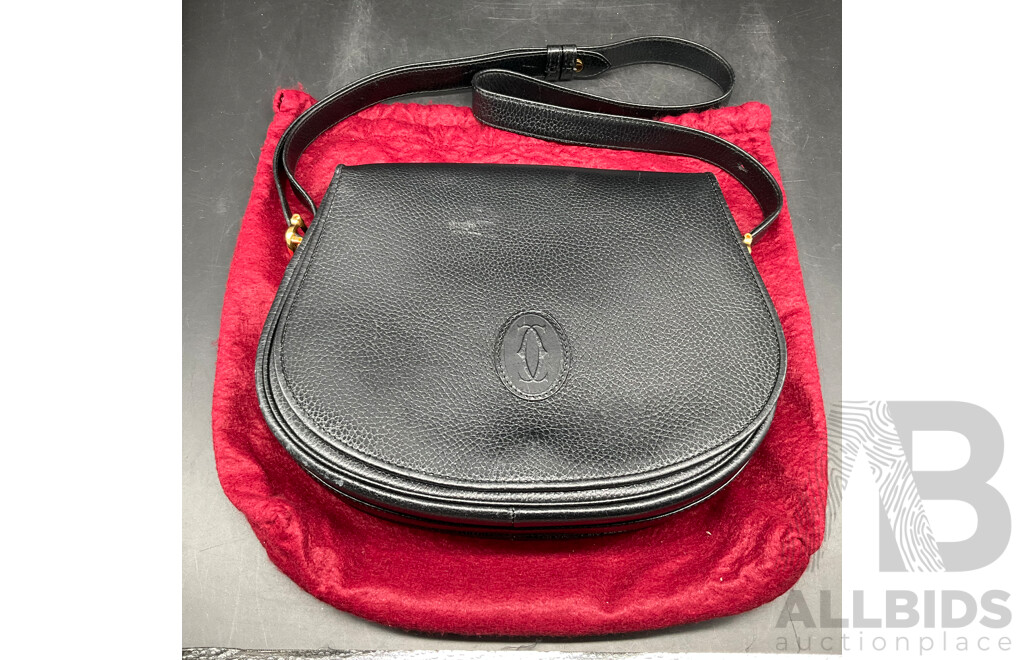 Cartier Vintage Black Leather Shoulder Bag with Authenticity Card Included.