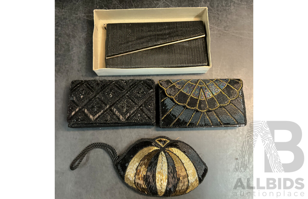 Vintage Beaded Black Evening Clutches - Lot of 4