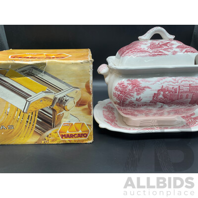 Pink Transferware Soup Tureen with Lid Laddle and Underplate, MARCATO Atlas 150 Pasta Machine - Lot of 2