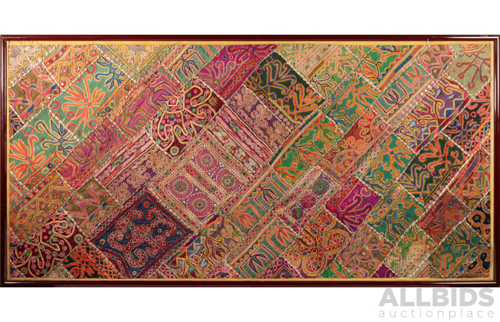 Artist Unknown, (Indian School, Early 20th Century), Traditional Shisha Mirror Hand Embroidered Wall Hanging; Antique Cloth, Threads & Shisha Mirrors, 73 x 143 cm (frame)