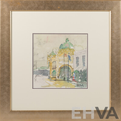 Paul McCarthy, (20th Century, Australian, 1966-), Flinders Street Station, Melbourne (2004), Wonderful Original Watercolour, 52.5 x 52.5 cm (frame)