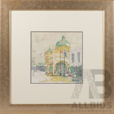 Paul McCarthy, (20th Century, Australian, 1966-), Flinders Street Station, Melbourne (2004), Wonderful Original Watercolour, 52.5 x 52.5 cm (frame)