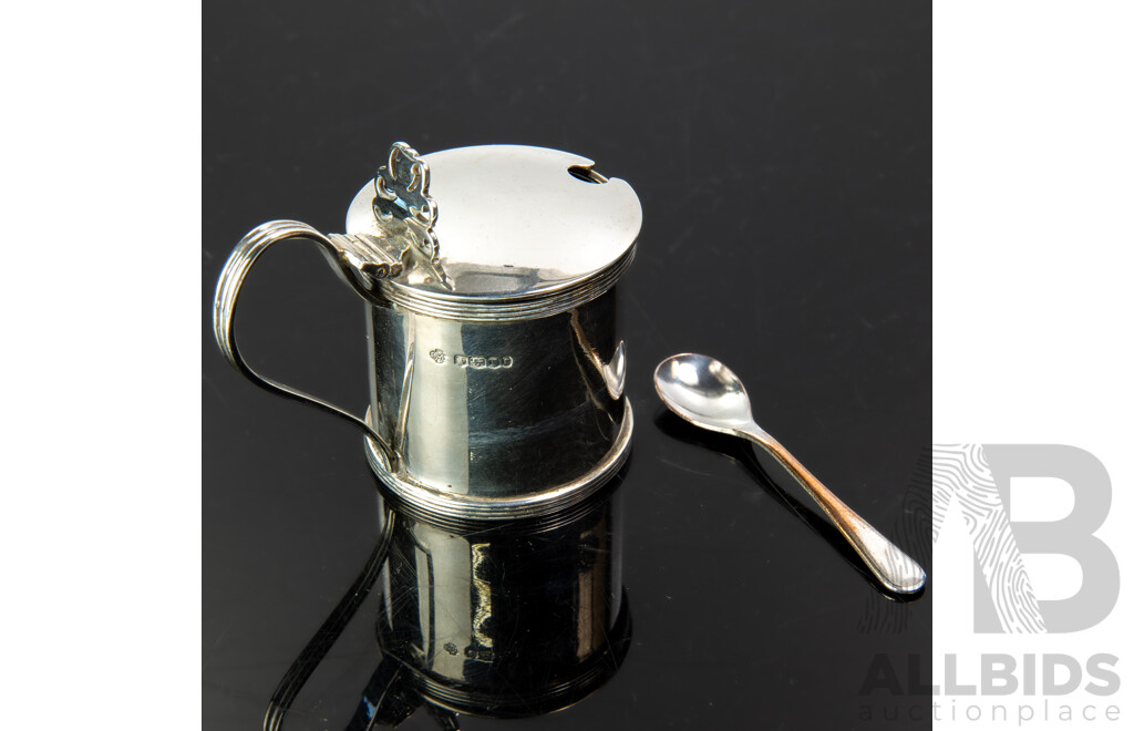 Antique Sterling Silver Lidded Mustard Pot with Blue Glass Liner & Monogram Engraved to Front, W Hutton & Sons, Sheffield, 1909 and Silver Plate Spoon