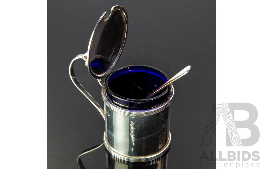Antique Sterling Silver Lidded Mustard Pot with Blue Glass Liner & Monogram Engraved to Front, W Hutton & Sons, Sheffield, 1909 and Silver Plate Spoon