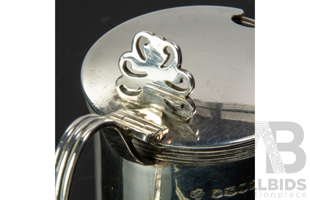 Antique Sterling Silver Lidded Mustard Pot with Blue Glass Liner & Monogram Engraved to Front, W Hutton & Sons, Sheffield, 1909 and Silver Plate Spoon