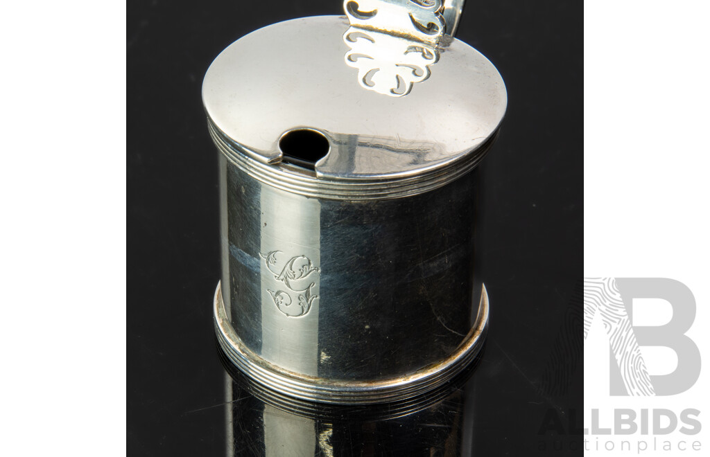 Antique Sterling Silver Lidded Mustard Pot with Blue Glass Liner & Monogram Engraved to Front, W Hutton & Sons, Sheffield, 1909 and Silver Plate Spoon