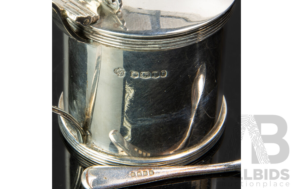 Antique Sterling Silver Lidded Mustard Pot with Blue Glass Liner & Monogram Engraved to Front, W Hutton & Sons, Sheffield, 1909 and Silver Plate Spoon