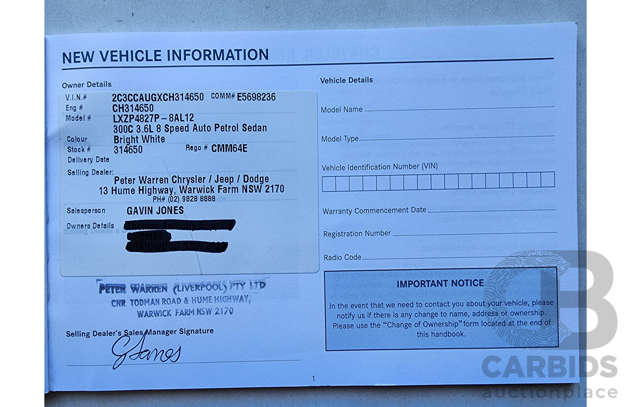 2/2013 Chrysler 300 C MY12 4d Sedan White 3.6L