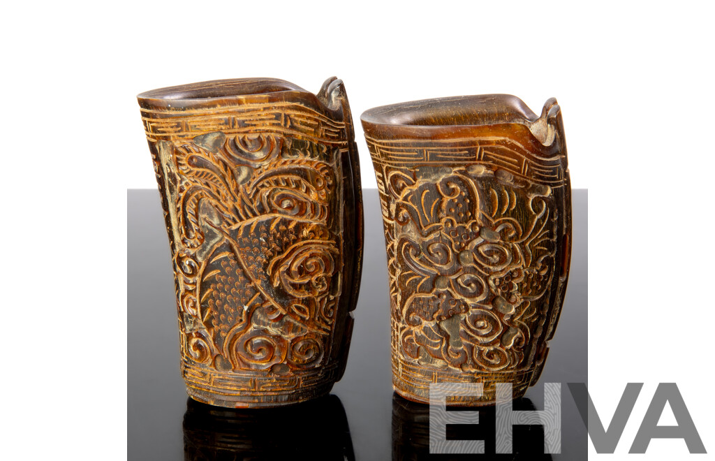 Two Vintage Chinese Carved Buffalo Horn Vessels