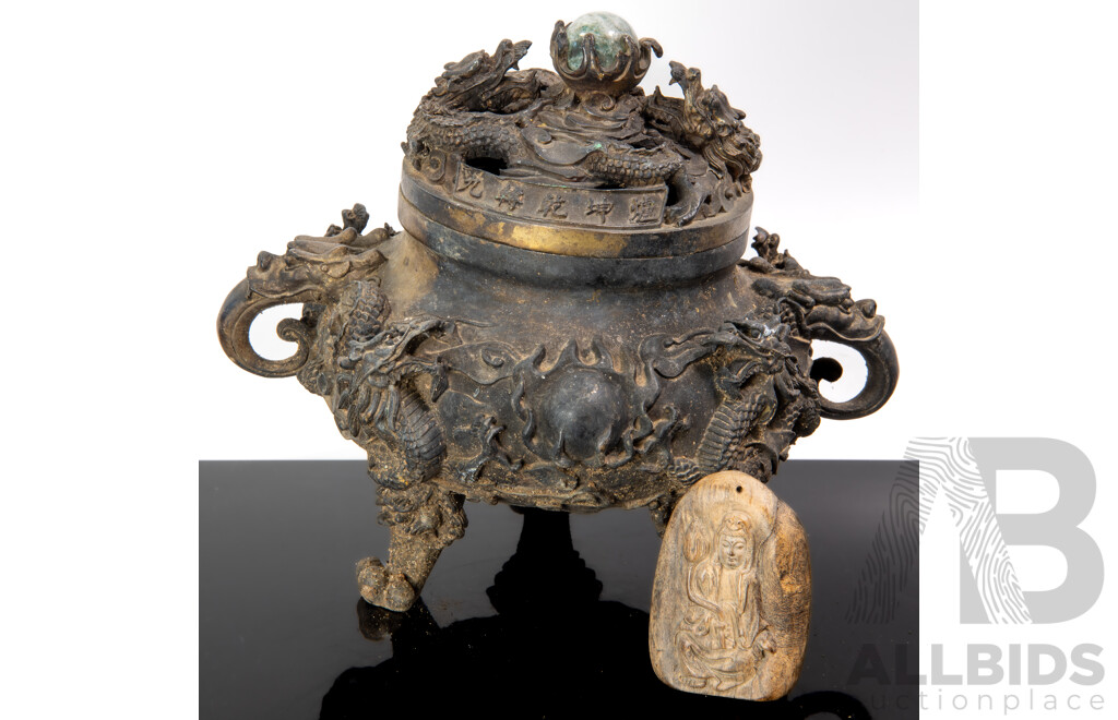 Chinese Archaistic Style Bronze Lidded Censer with Stone Sphere to Finial and Dragon Detail, and Carved Horn Buddha Pendant
