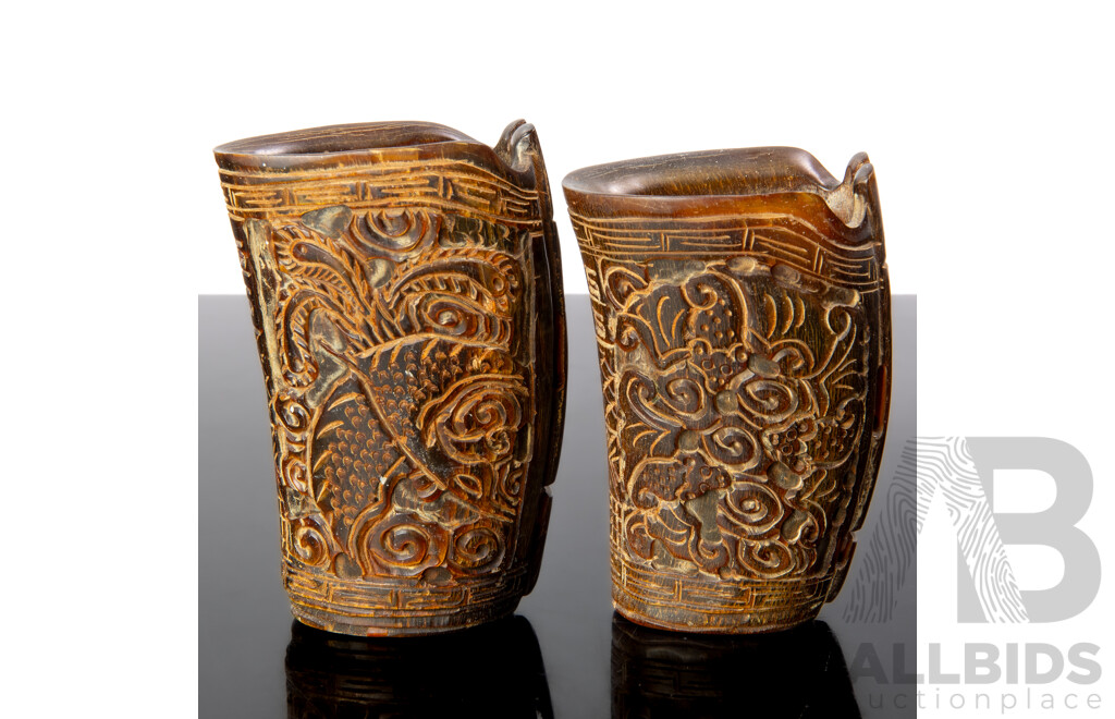 Two Vintage Chinese Carved Buffalo Horn Vessels