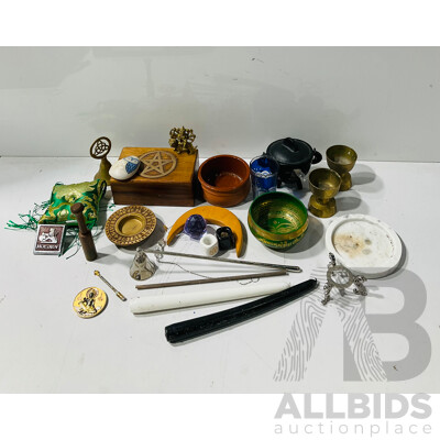 Collection New Age Ephemera and Other Items Including Candle Holders and More