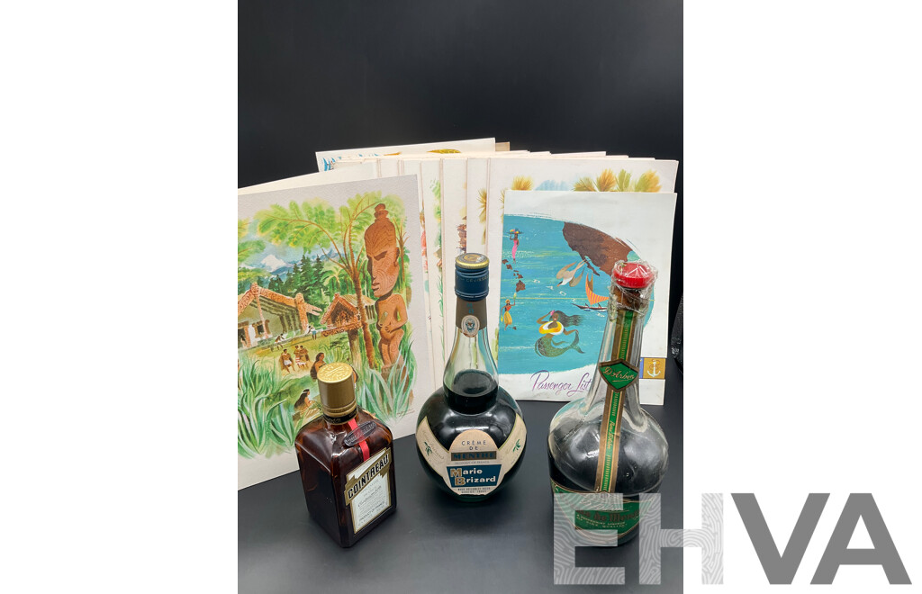 Collection of 1960's Matson Lines Cruise Ship Menus, Assorted Vintage Spirits - COINTREAU, MARIE BRIZARD and D'ARBON