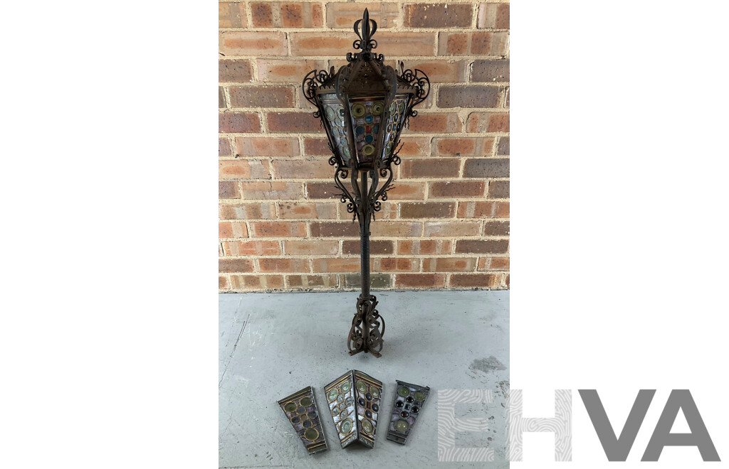 Antique Wrought Iron Lantern with Leadlight Panels