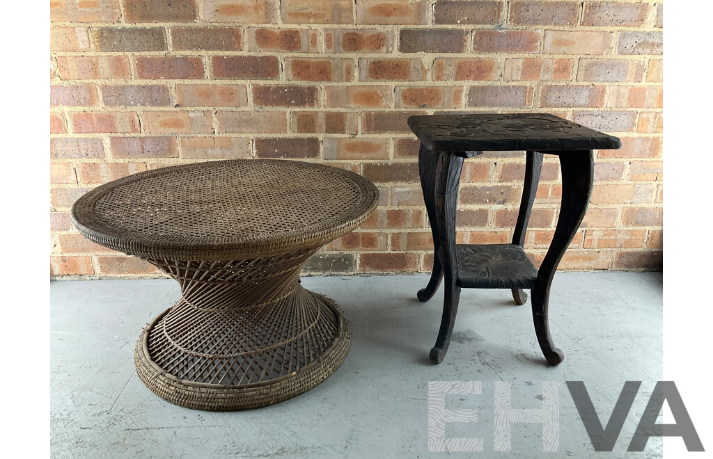 Japanese Carved Arts and Crafts Side Table, Vintage Rattan Waisted Drum Side Table