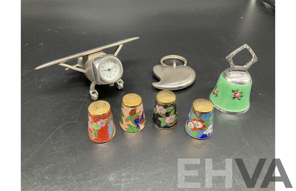 Set of Four Vintage Chinese Cloisonne Sewing Thimble, Bell, Metal Herat Keychain and QUARTZ Japan Vintage Aeroplane Table Clock ''Friend of the RFDS Southern Eastern Section'' - Lot of 4