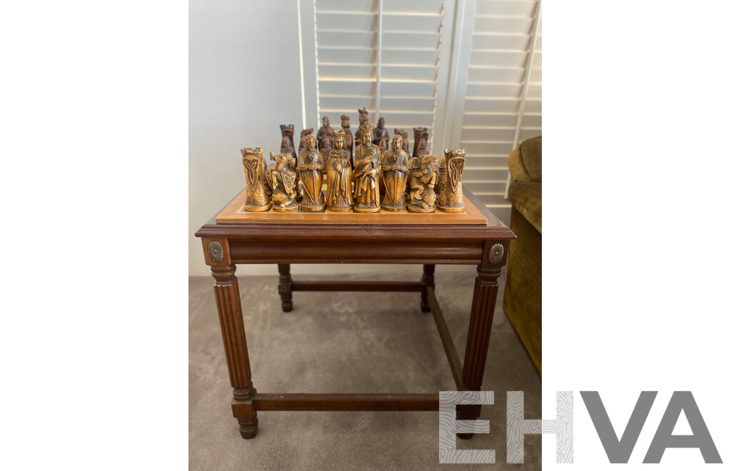 Oversize Composite Chess Set on Mahogany Side Table