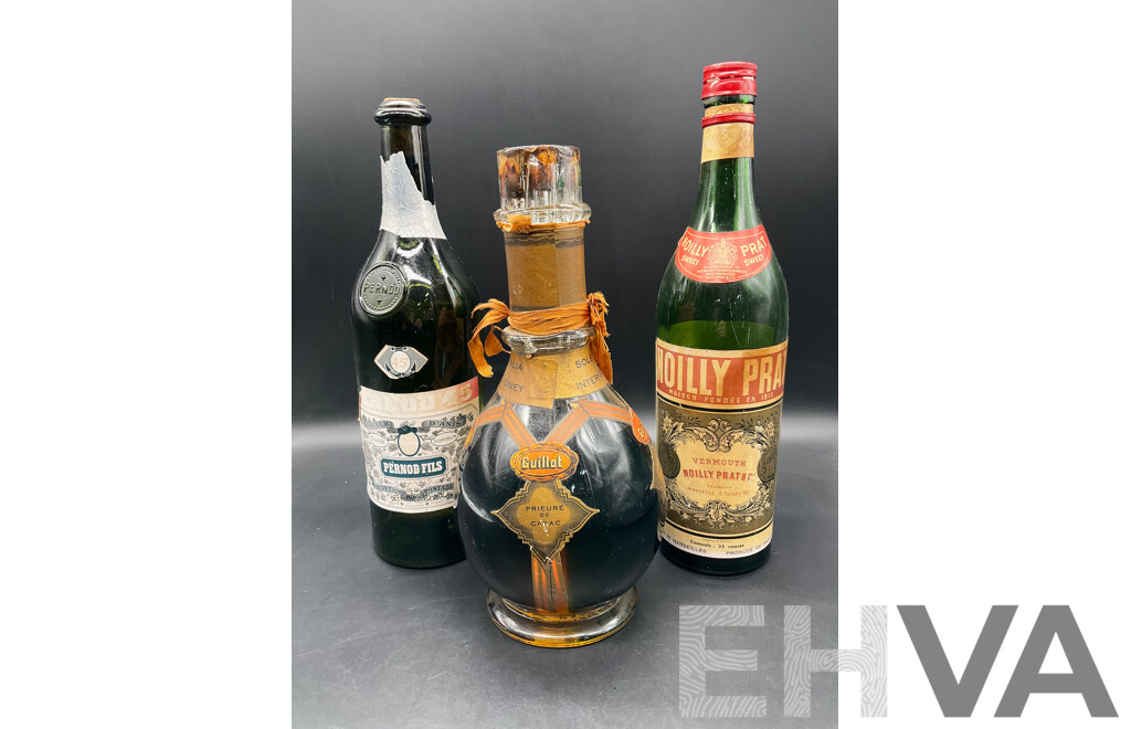 Assorted Vintage Spirits - GUILLAT Liqueurs - Four Comparment Bottle, Pernod Fils, Noilly Prat & Co Vermouoth  - Lot of 3